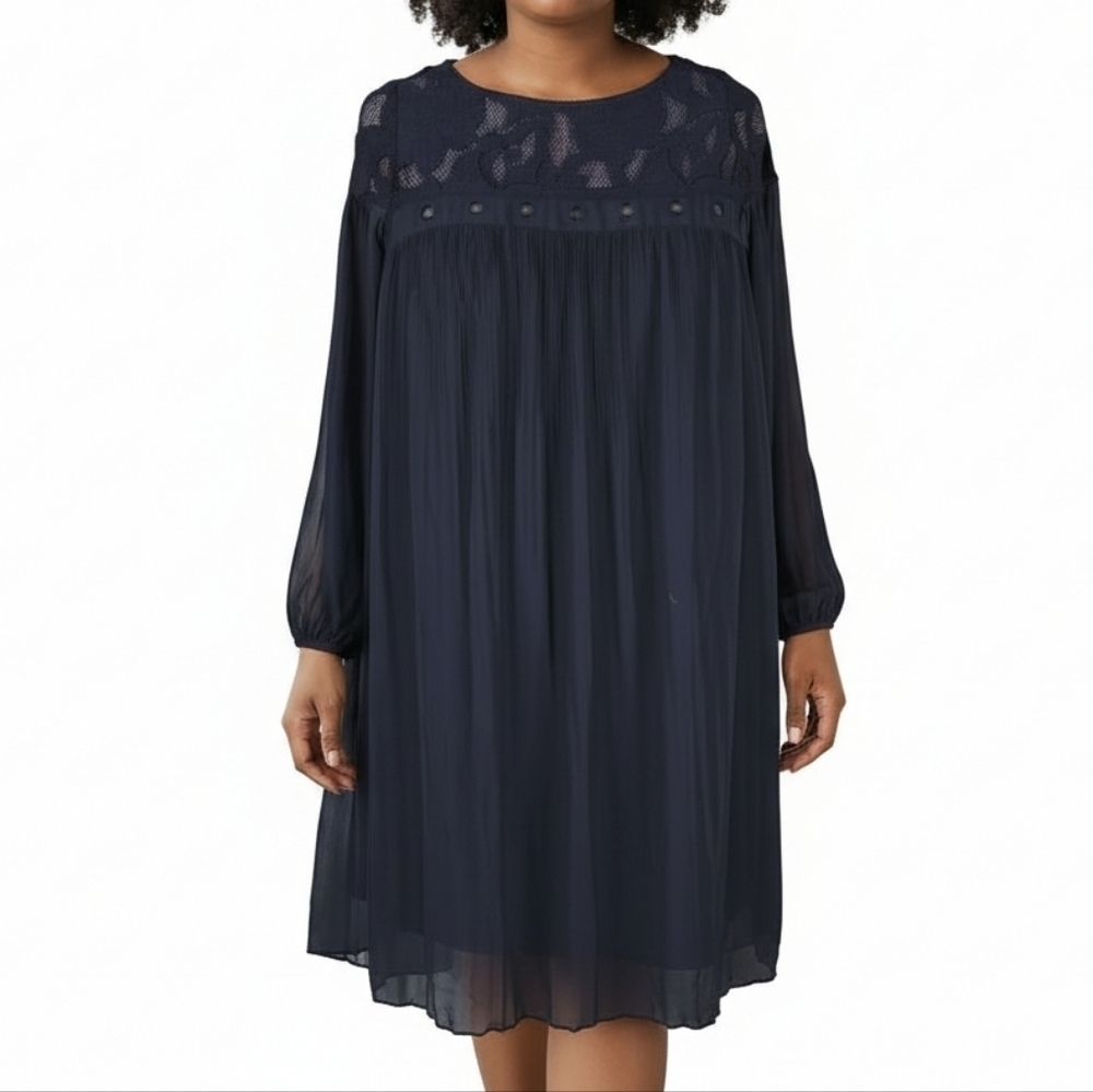 Lane Bryant Chiffon Dress Size 20 Black Pleated Lace Bodice Sheer Balloon Sleeve
